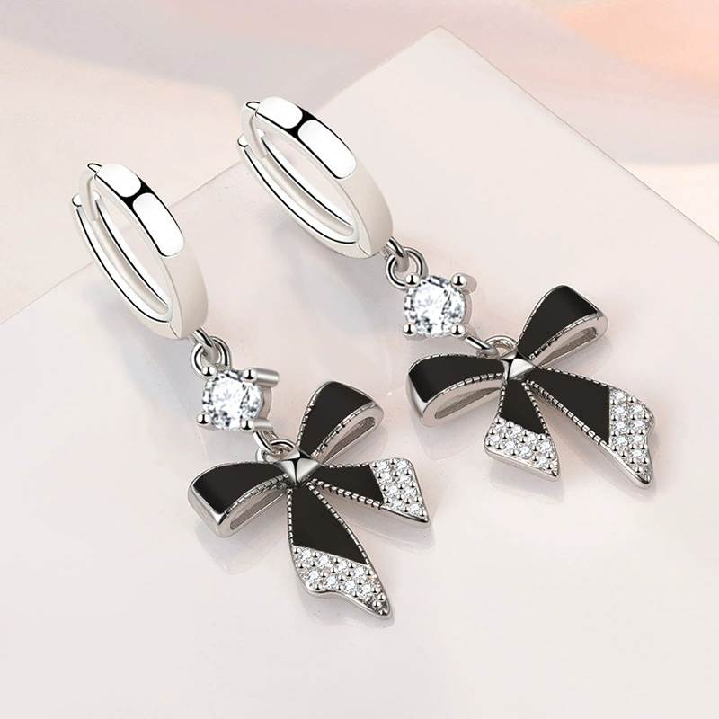 Black Bow Earrings Long Style  - огляд і ціна Tie Clip Silver