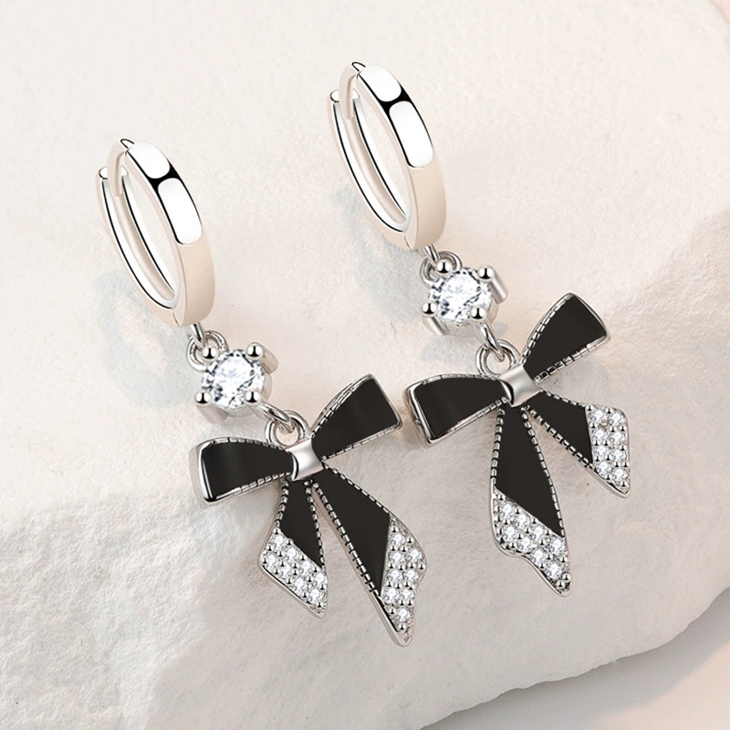 Black Bow Earrings Long Style  - огляд і ціна Tie Clip Silver
