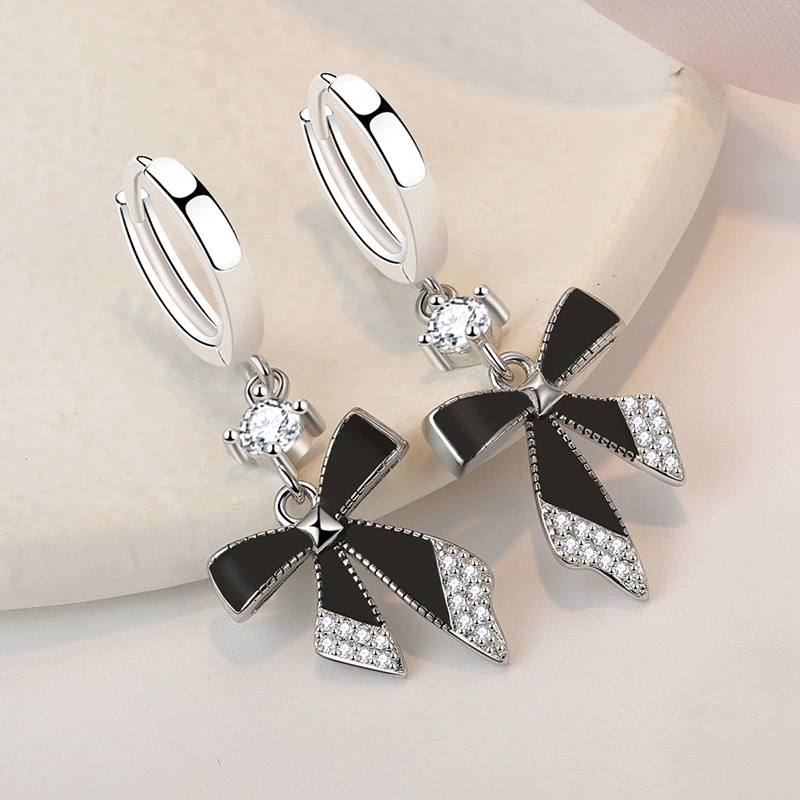 Black Bow Earrings Long Style  - огляд і ціна Tie Clip Silver